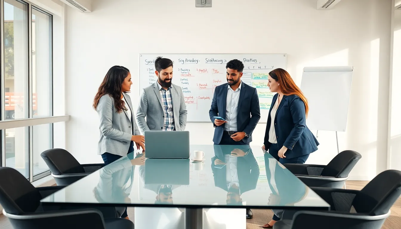 diverse professionals collaborating on a task management tool in a modern office.
