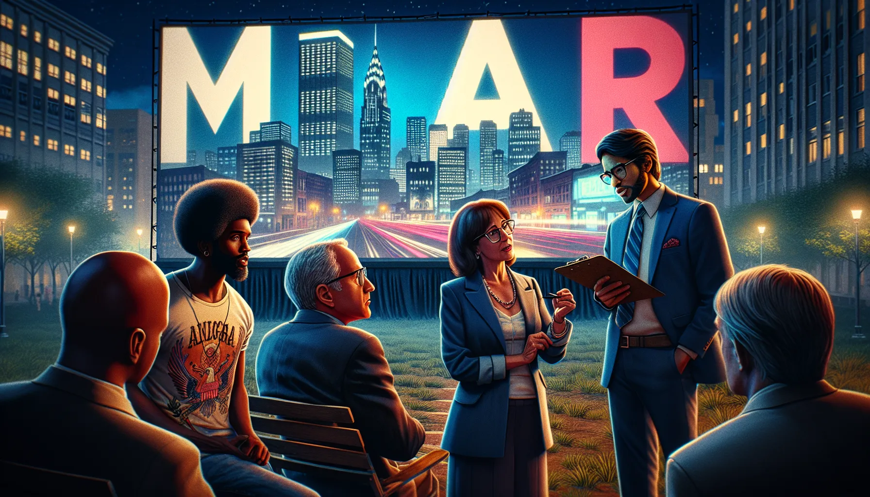 A diverse group discussing film ratings in a park at night.