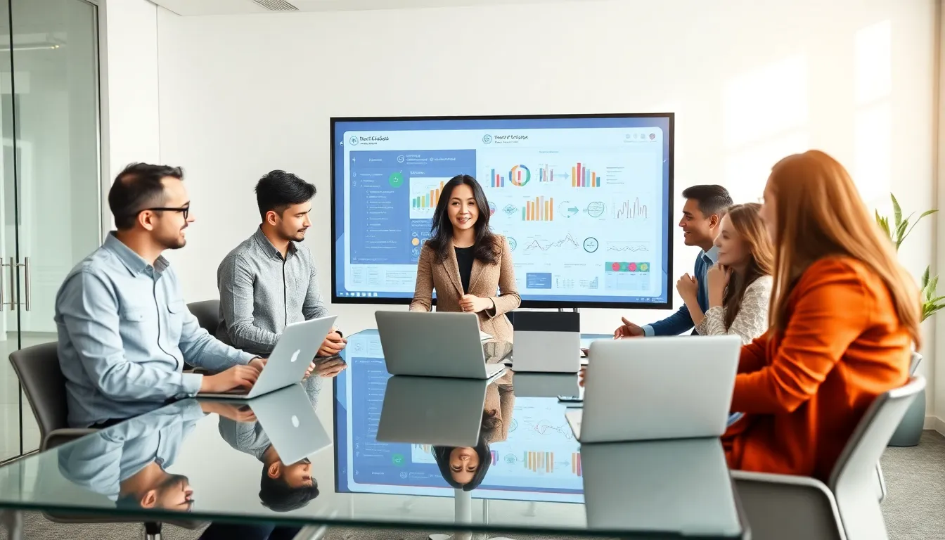 diverse professionals collaborating on low code data integration in a modern office.