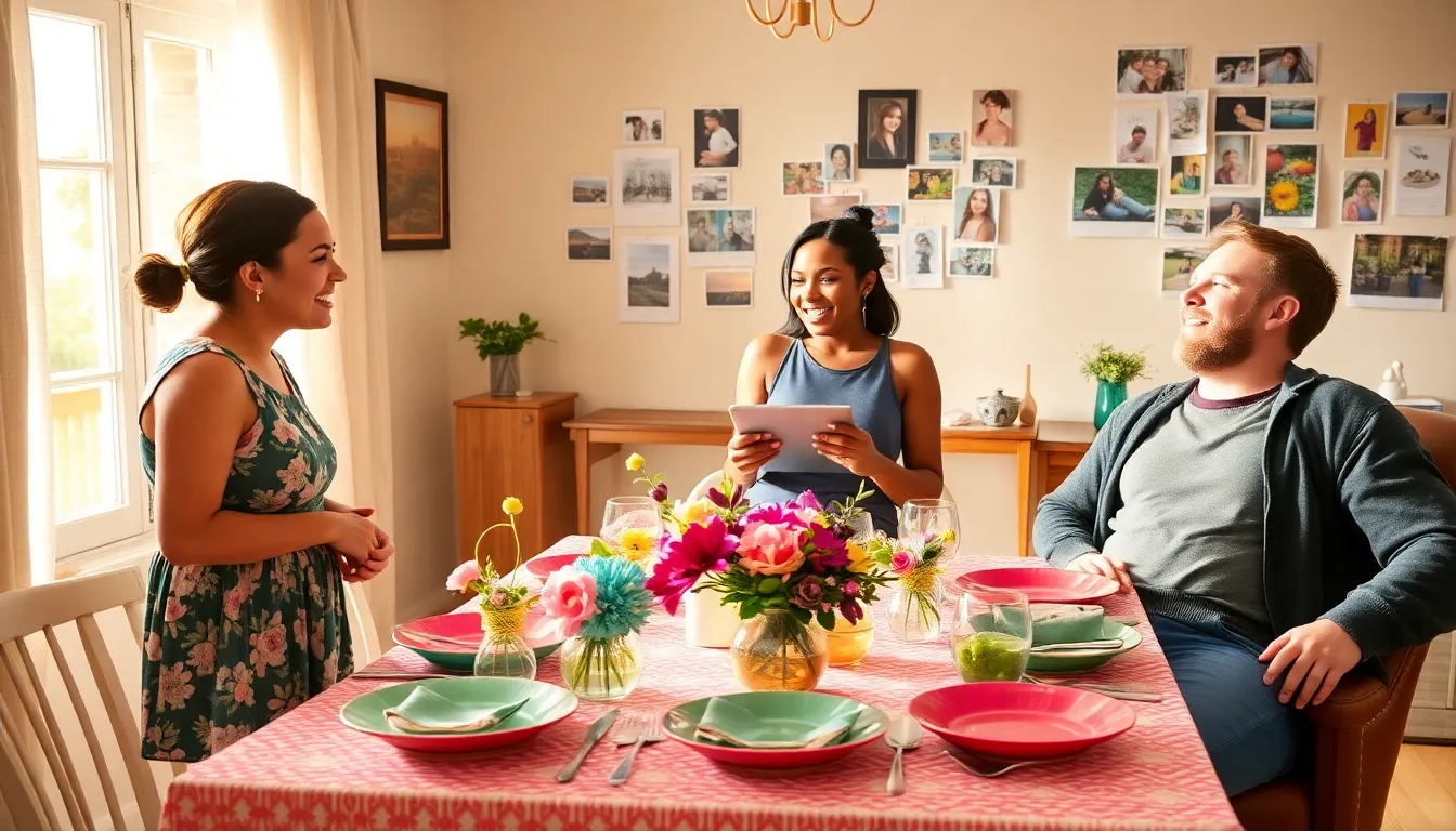Friends planning a budget-friendly event around a decorated dining table.