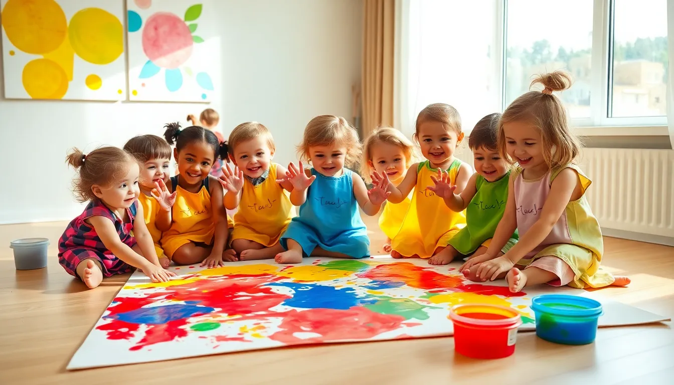 Toddlers happily finger painting on a colorful canvas.