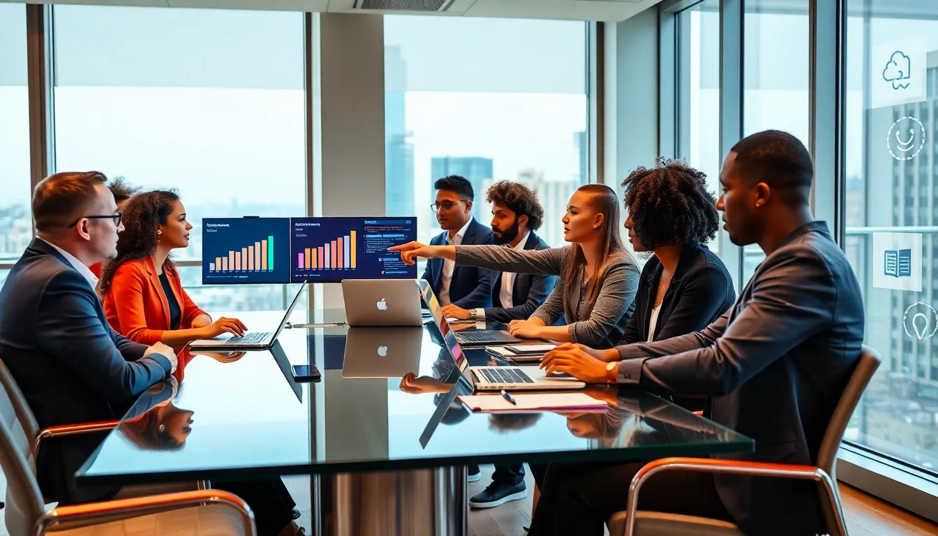 diverse professionals collaborating in a modern workspace on entrepreneurial tasks.
