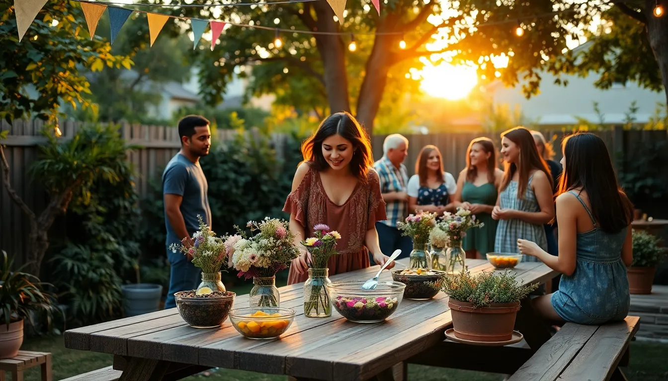 A woman decorates a budget-friendly birthday party in a backyard setting.