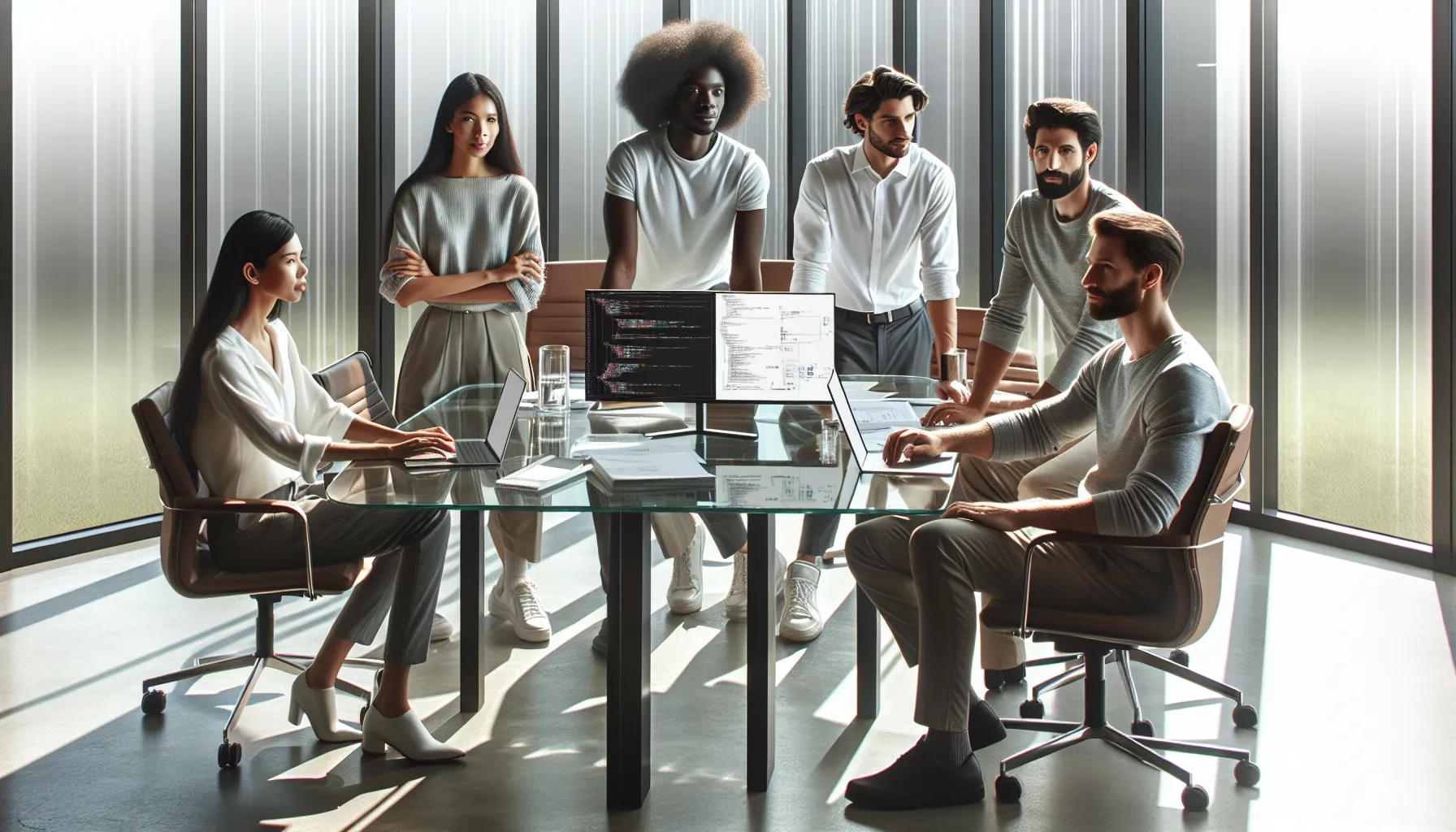 diverse team discussing software development in a modern office.