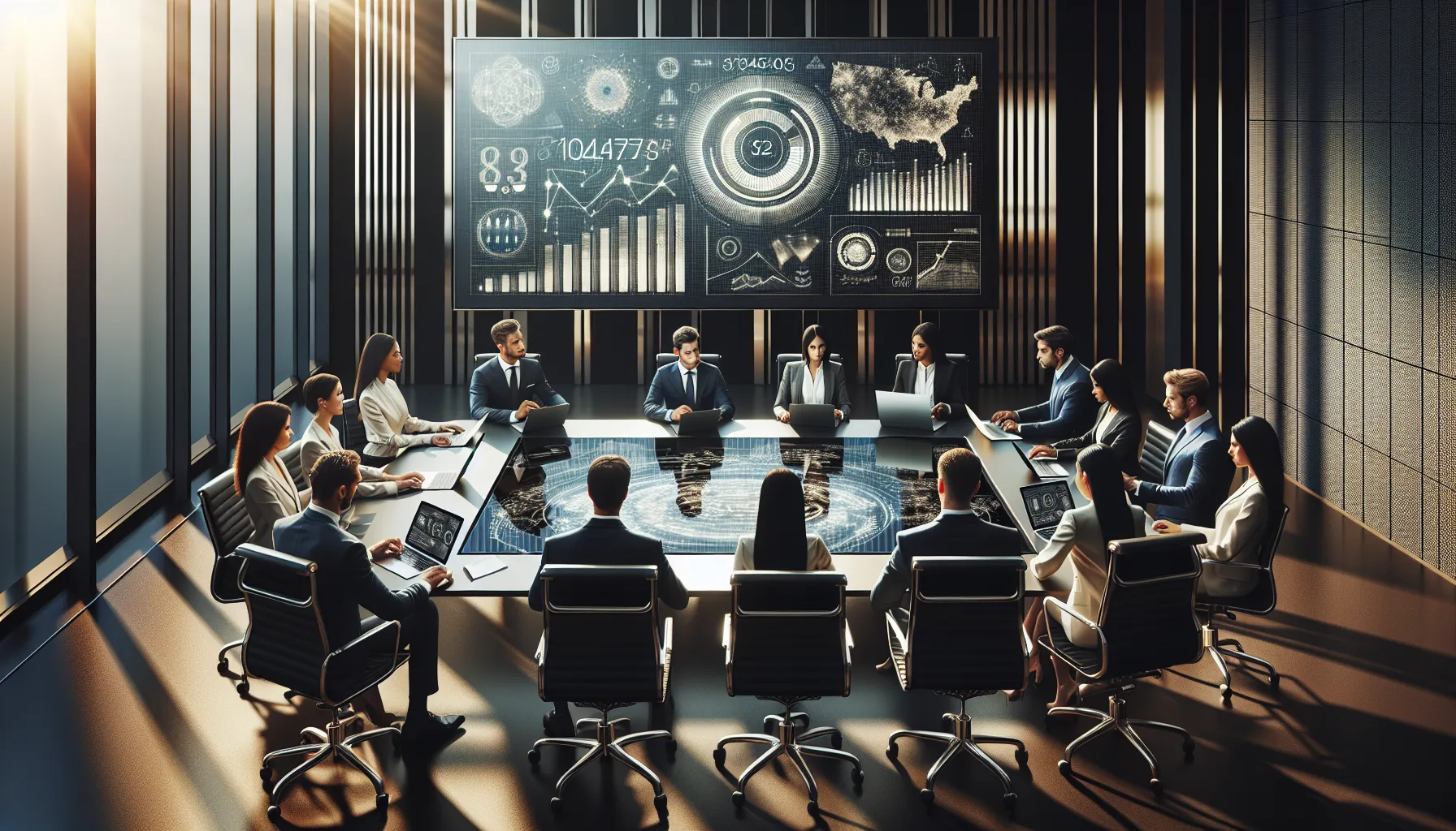 business professionals discussing the significance of a number in a modern office.