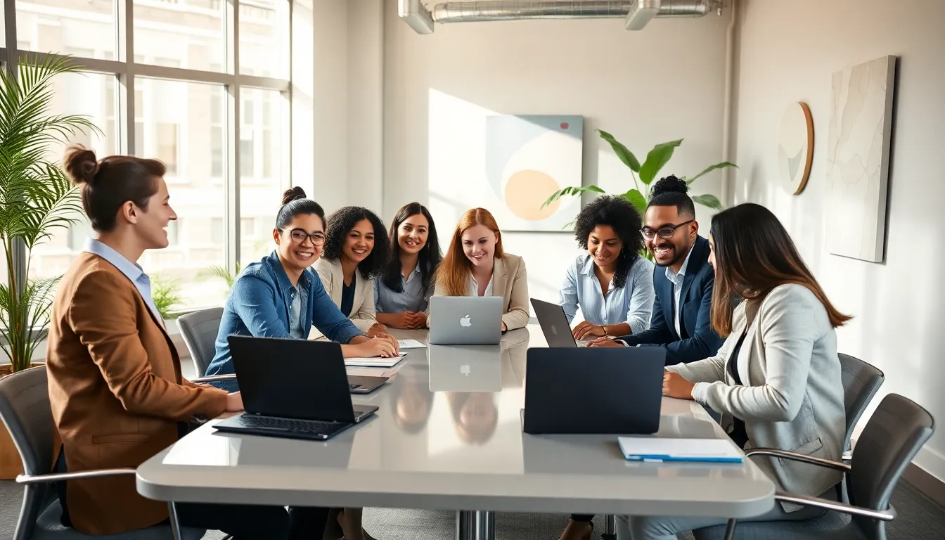 diverse team collaborating in a modern office setting promoting work-life balance.