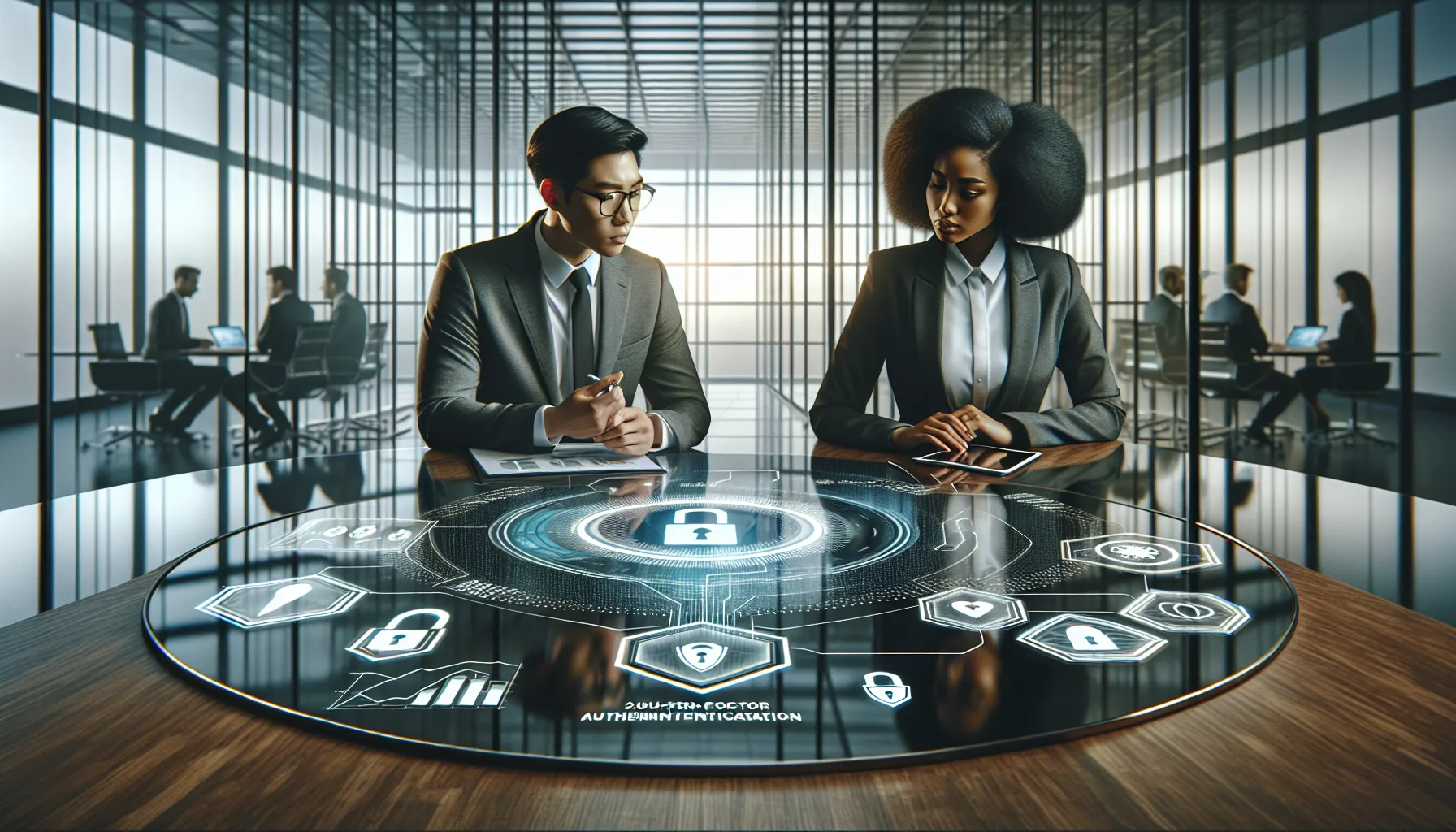 professionals analyzing security features in a modern office setting.