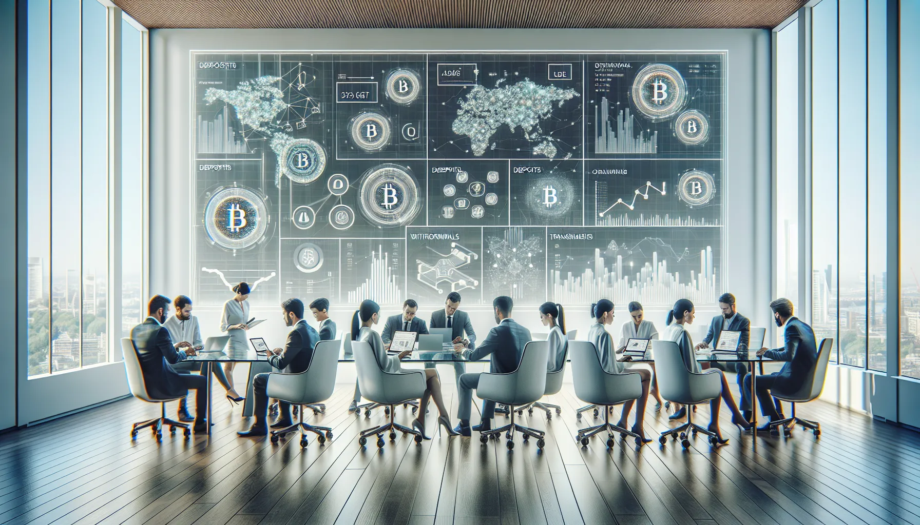 Professionals reviewing cryptocurrency trading fees on laptop and smartphone in modern office.