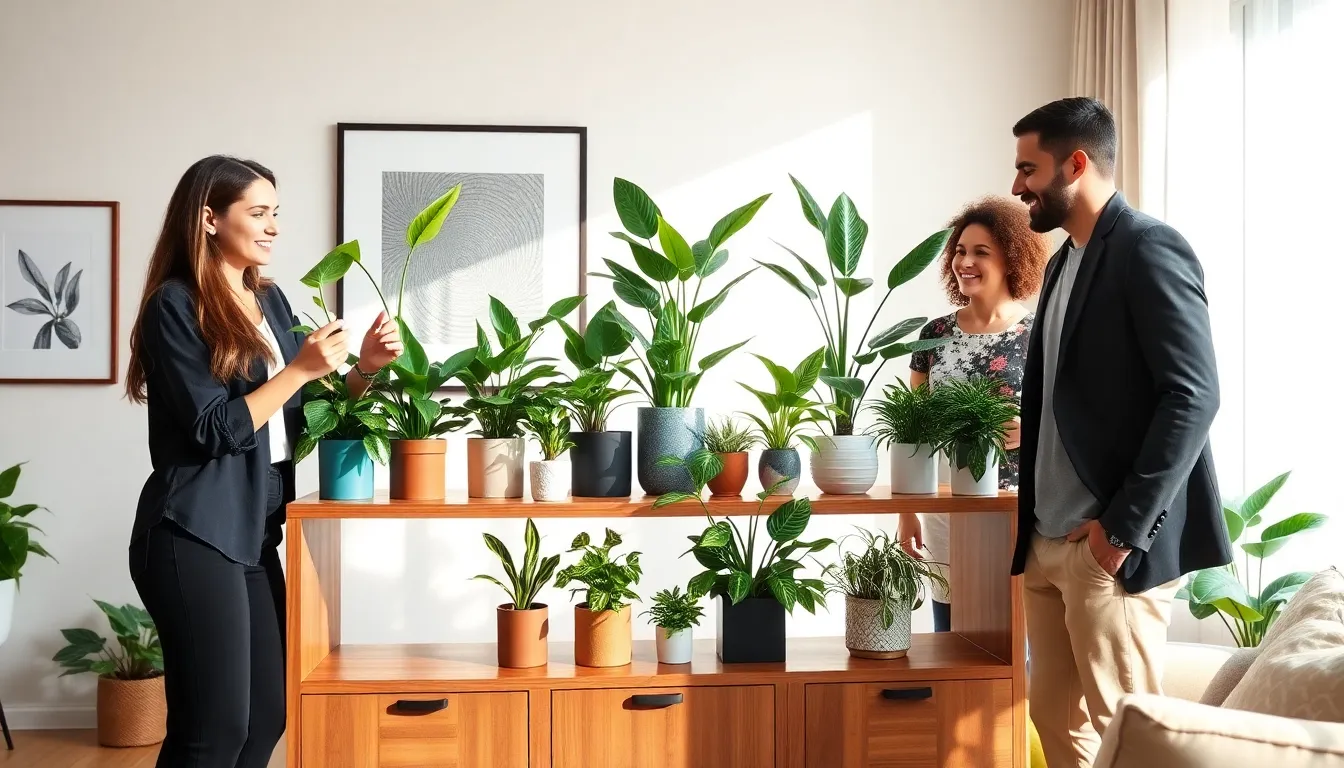 diverse group arranging house plants in a modern living room.