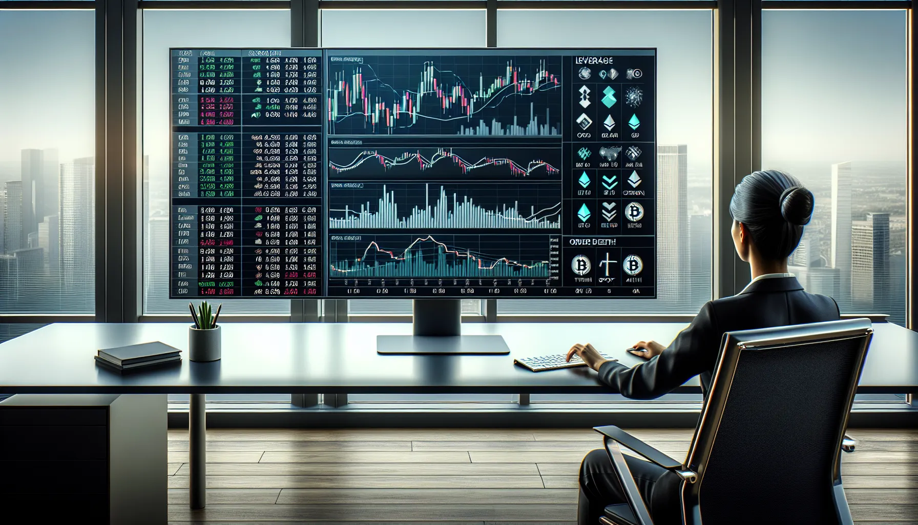 Professional trader analyzing cryptocurrency trading dashboard with spot and futures markets in modern office.