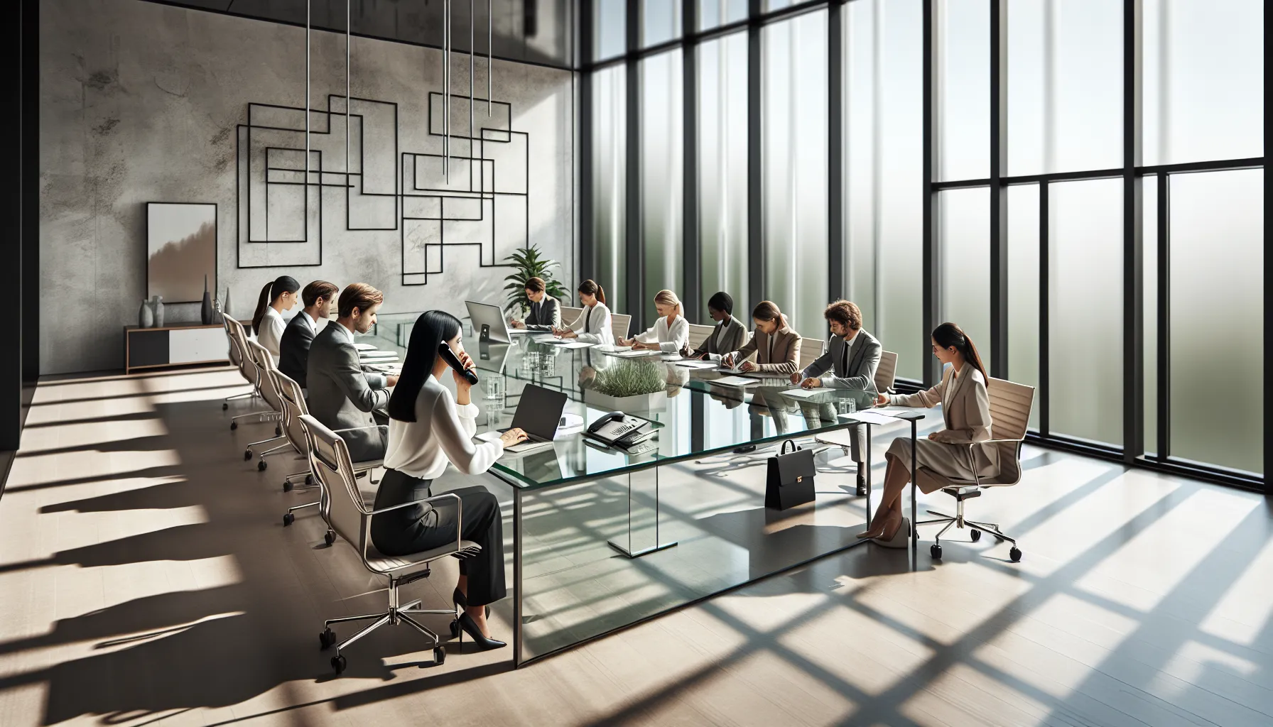 diverse team collaborating in a modern office with a toll-free number display.