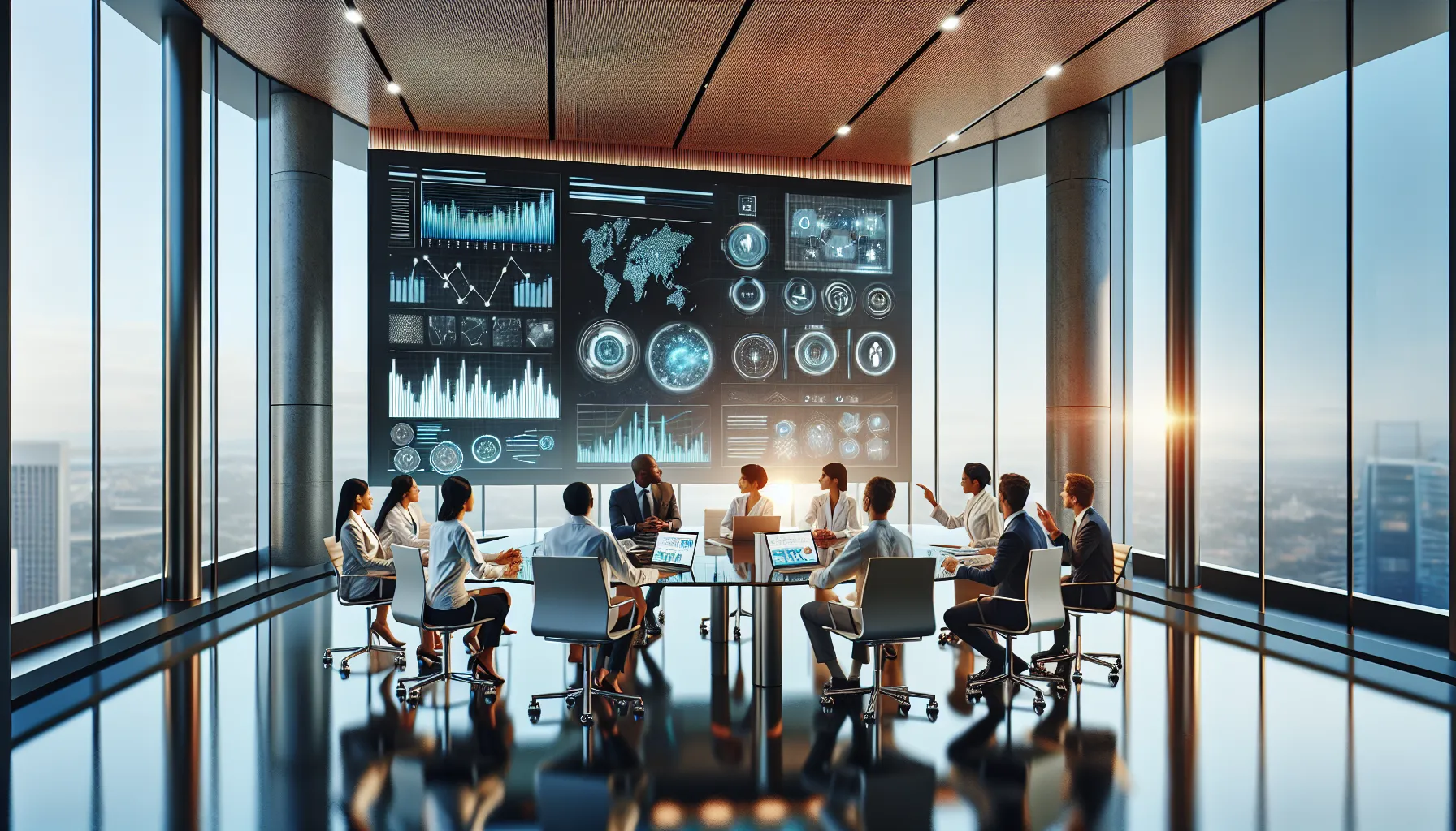 diverse healthcare professionals discussing innovations in a modern conference room.