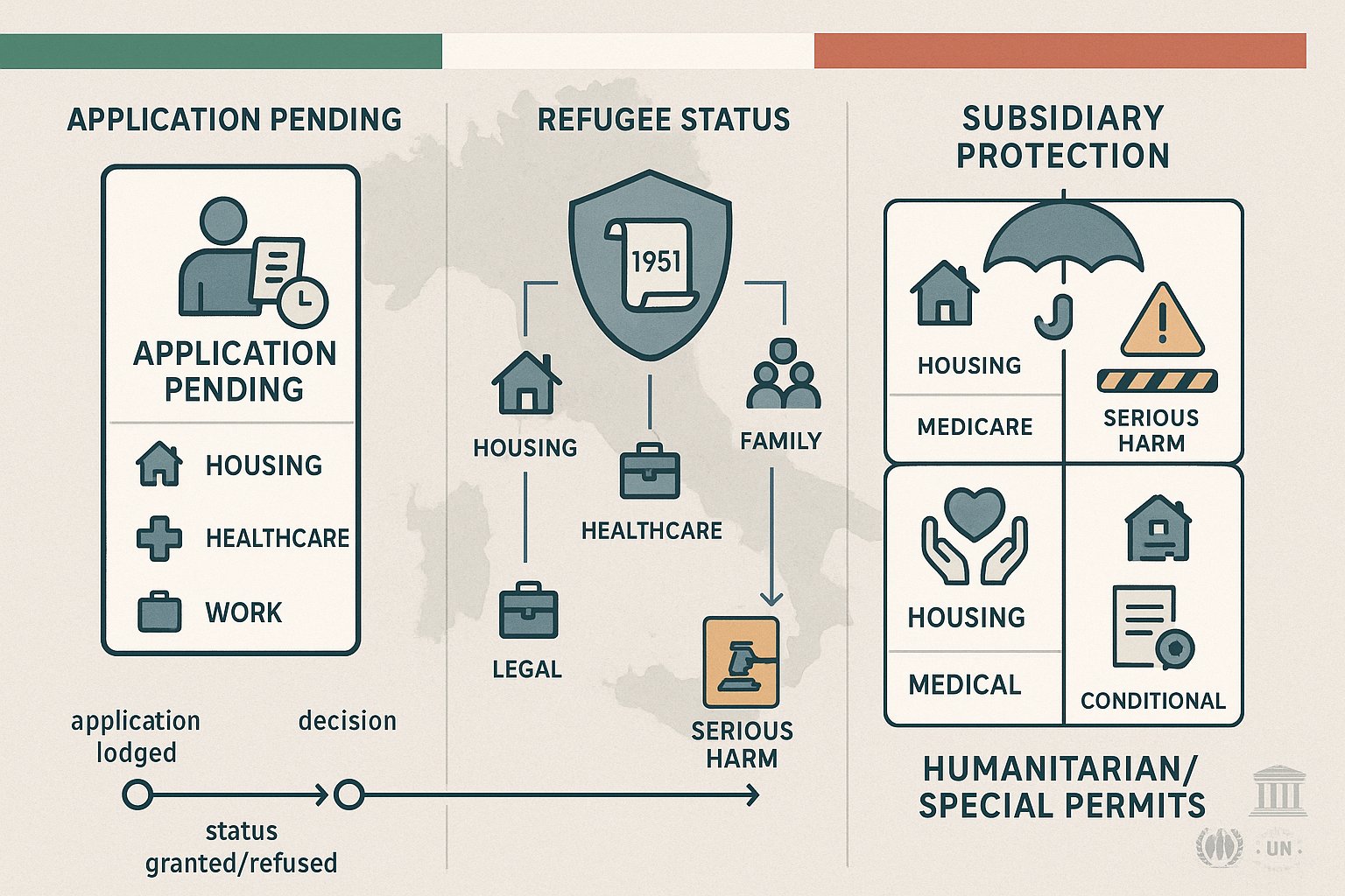 Infografica a tre colonne che confronta richiedenti asilo, rifugiati e permessi di protezione in Italia.