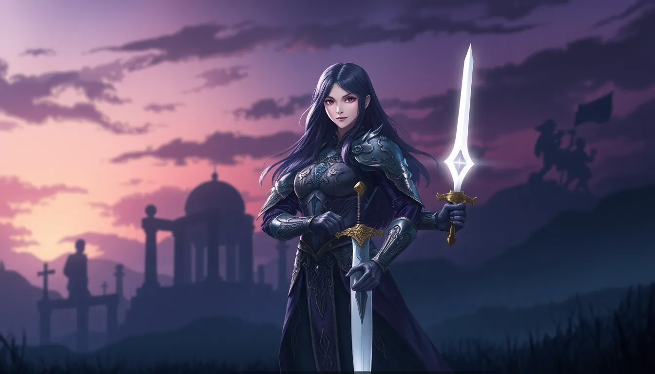 Lanya from Elden Ring standing confidently in a mystical landscape.