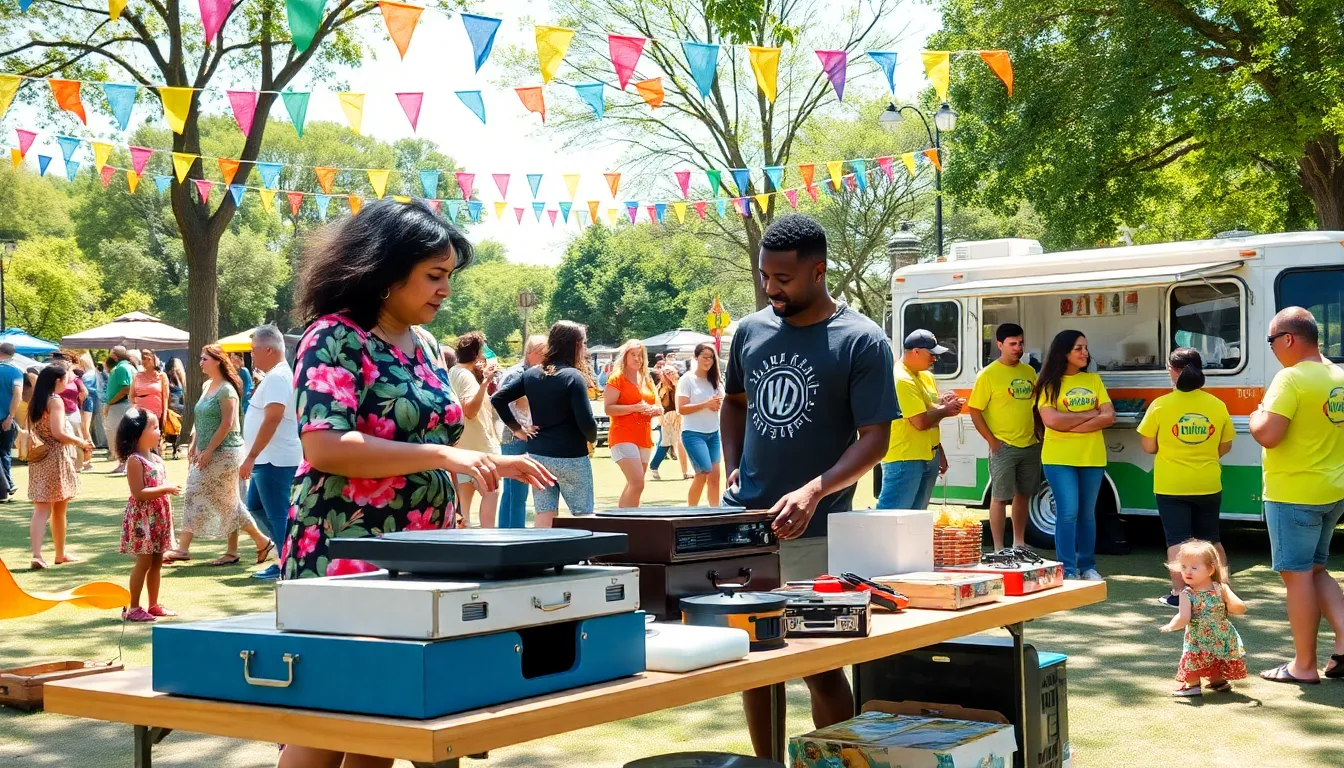 A lively outdoor thrifting event in a sunlit park with diverse participants.