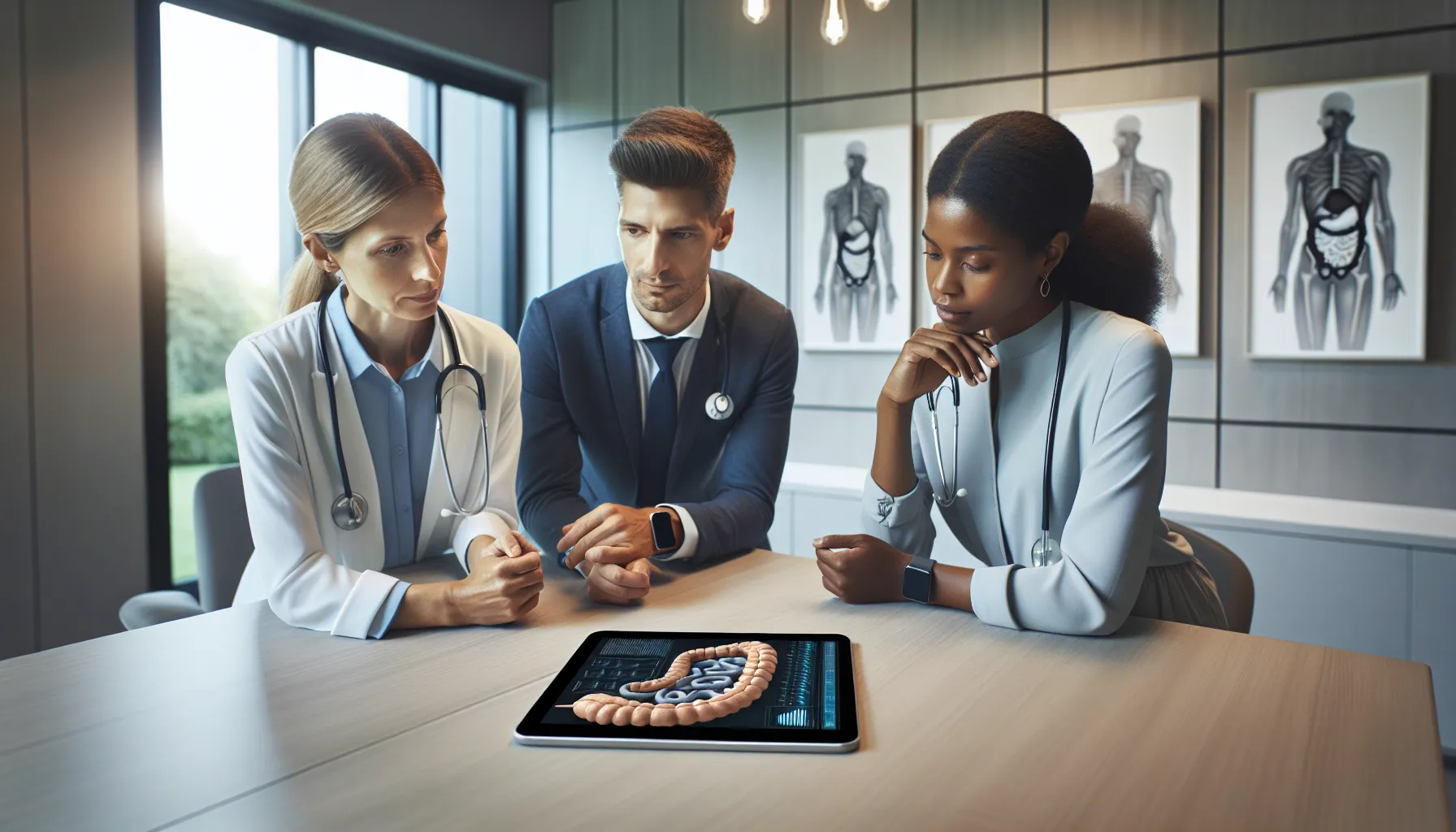 healthcare team discussing trattsjuka in a modern office.