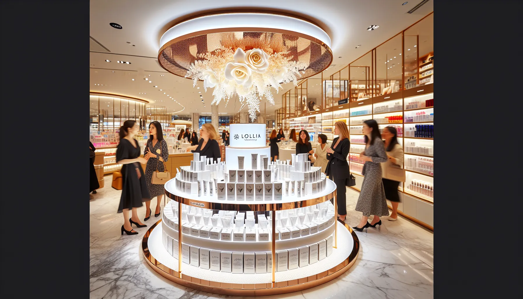 display of Lollia Whitening Cream in a modern beauty retail setting.