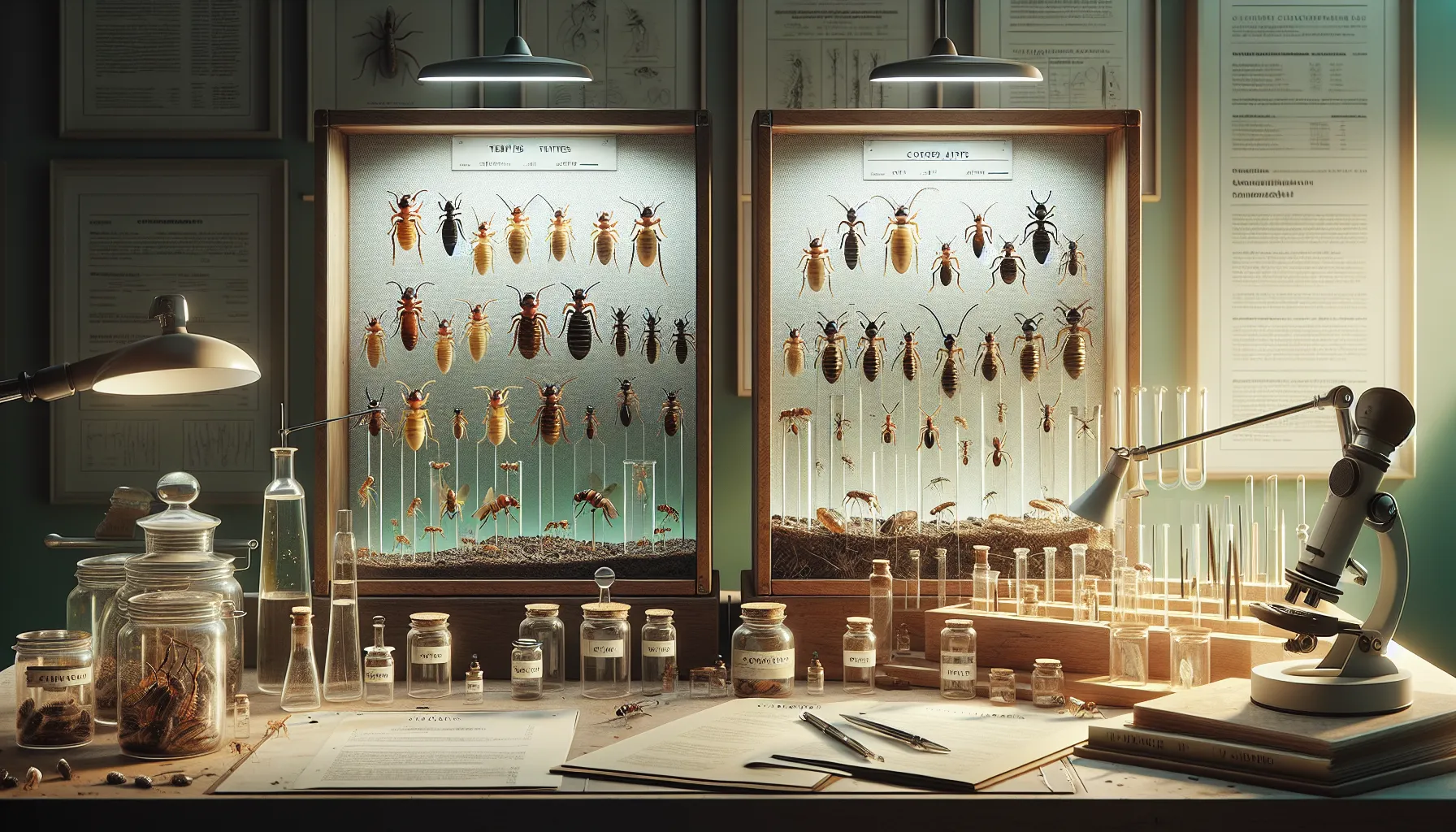 A comparison display of termites and carpenter ants on a workspace.