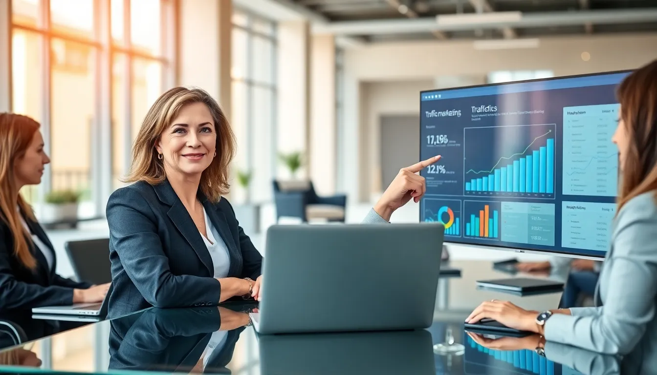 Ann Anderson leading a team in a modern office discussing digital marketing strategies.