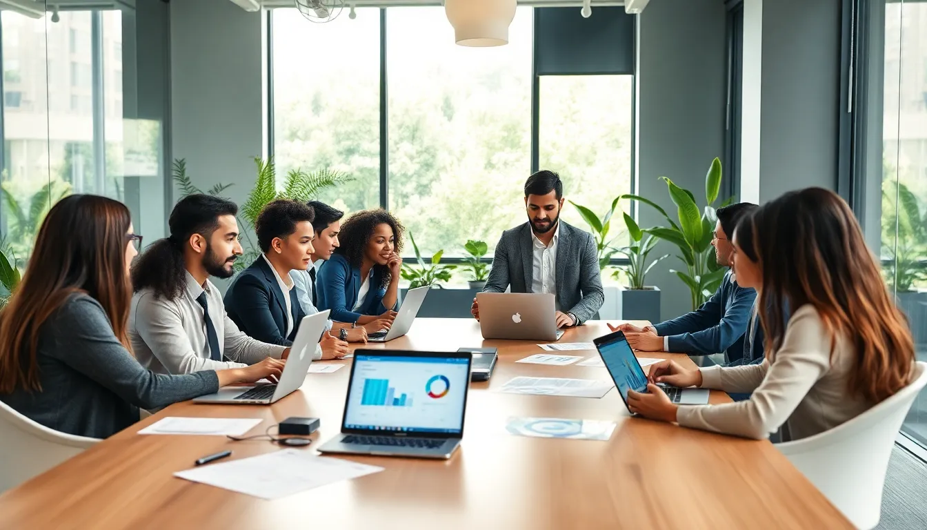 diverse team discussing online business trends in a modern office.