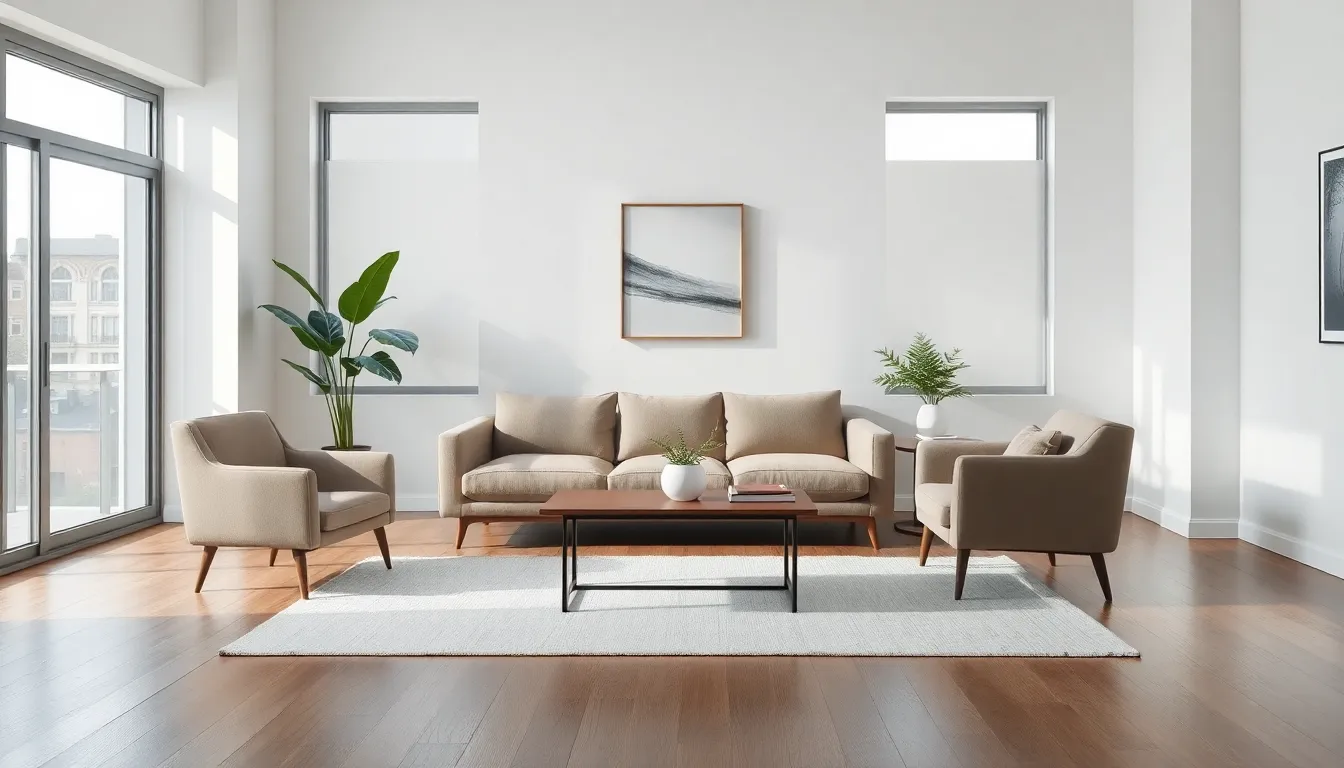 a spacious minimalist living room with natural light and simple decor.