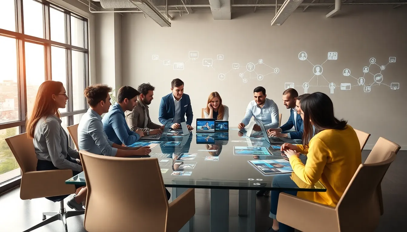 diverse team collaborating in a modern workspace.