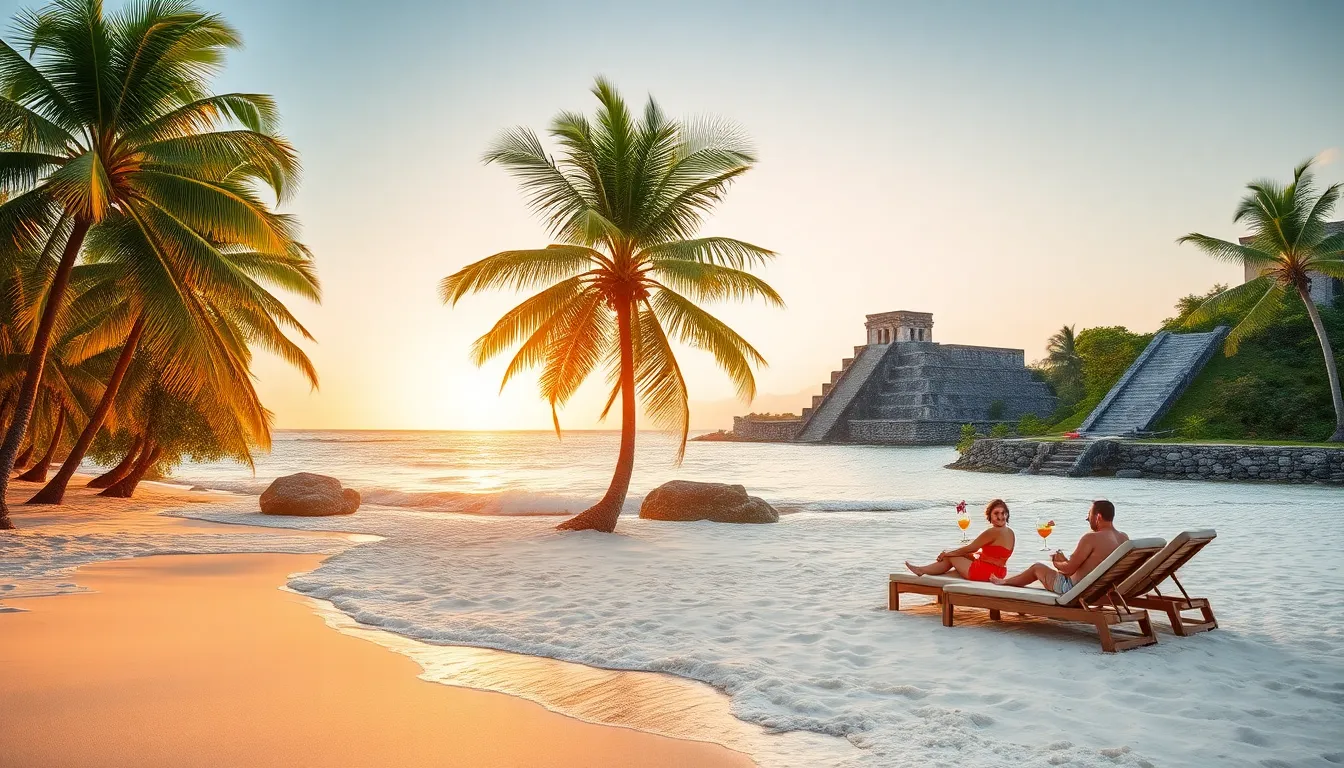 Maui and Tulum beach scene with sunset and relaxed vacationers.