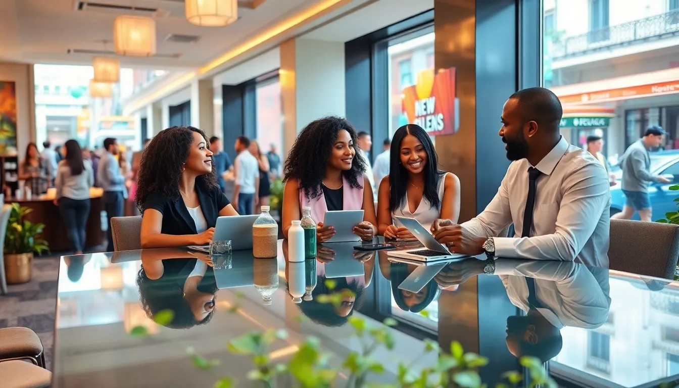 diverse professionals collaborating in a modern hotel setting.