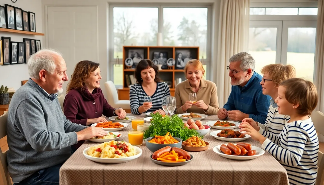 A diverse German-American family enjoying a meal together at home.