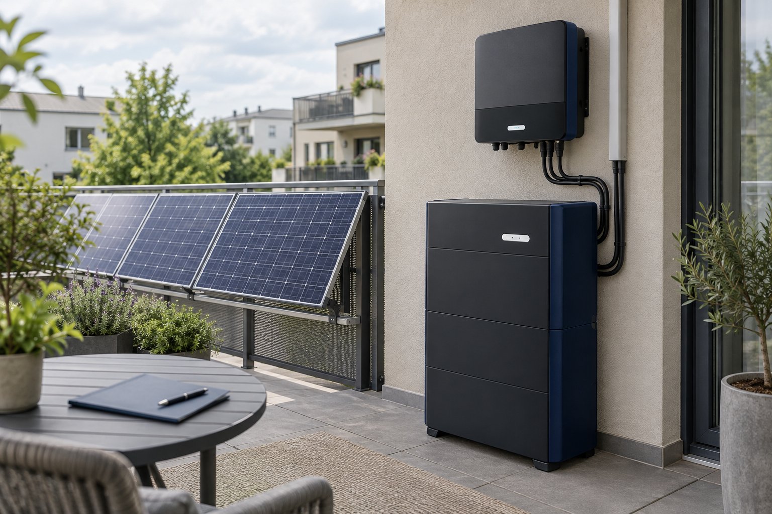Neutraler Solarspeicher neben Photovoltaikmodulen auf einer Terrasse