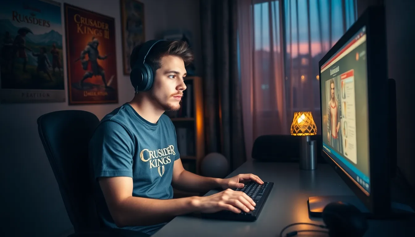 a young man playing Crusader Kings II in a gaming room.