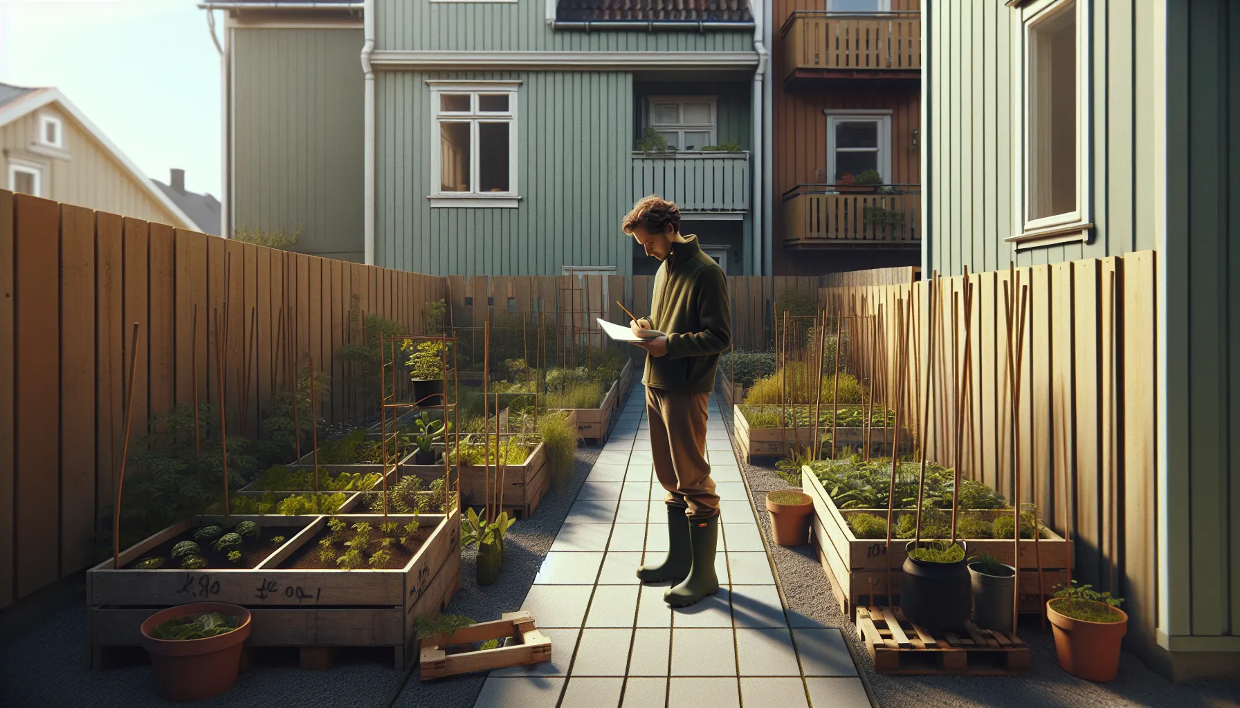 De beste tipsene for å dyrke grønnsaker i små hager 2 Person planning a small norwegian vegetable garden with raised beds and pots.