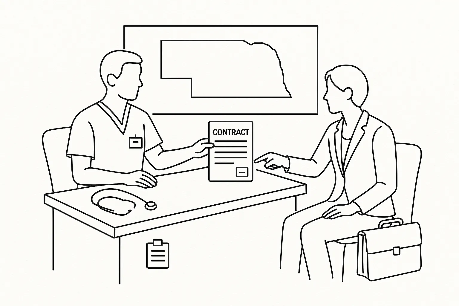 Physician assistant handing a contract to a lawyer with Nebraska outline behind a Nebraska Physician Assistant Contract Review.