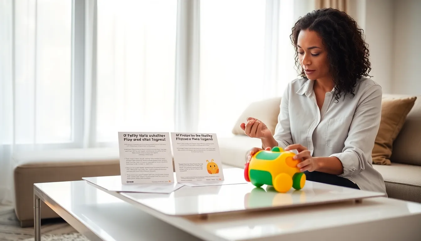 Parent inspecting a toy for safety in a bright living room.
