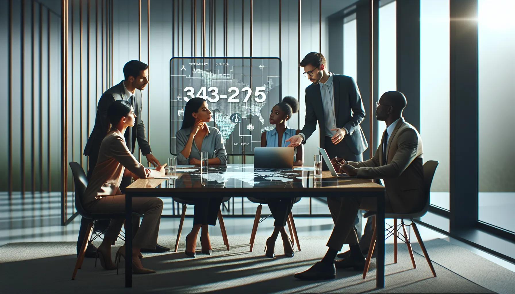 diverse professionals discussing area codes in a modern office.