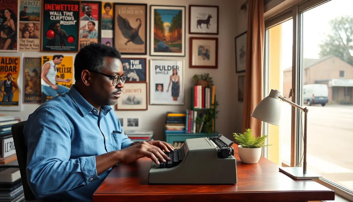 James Gussie working in a creative office promoting Redwebzine.