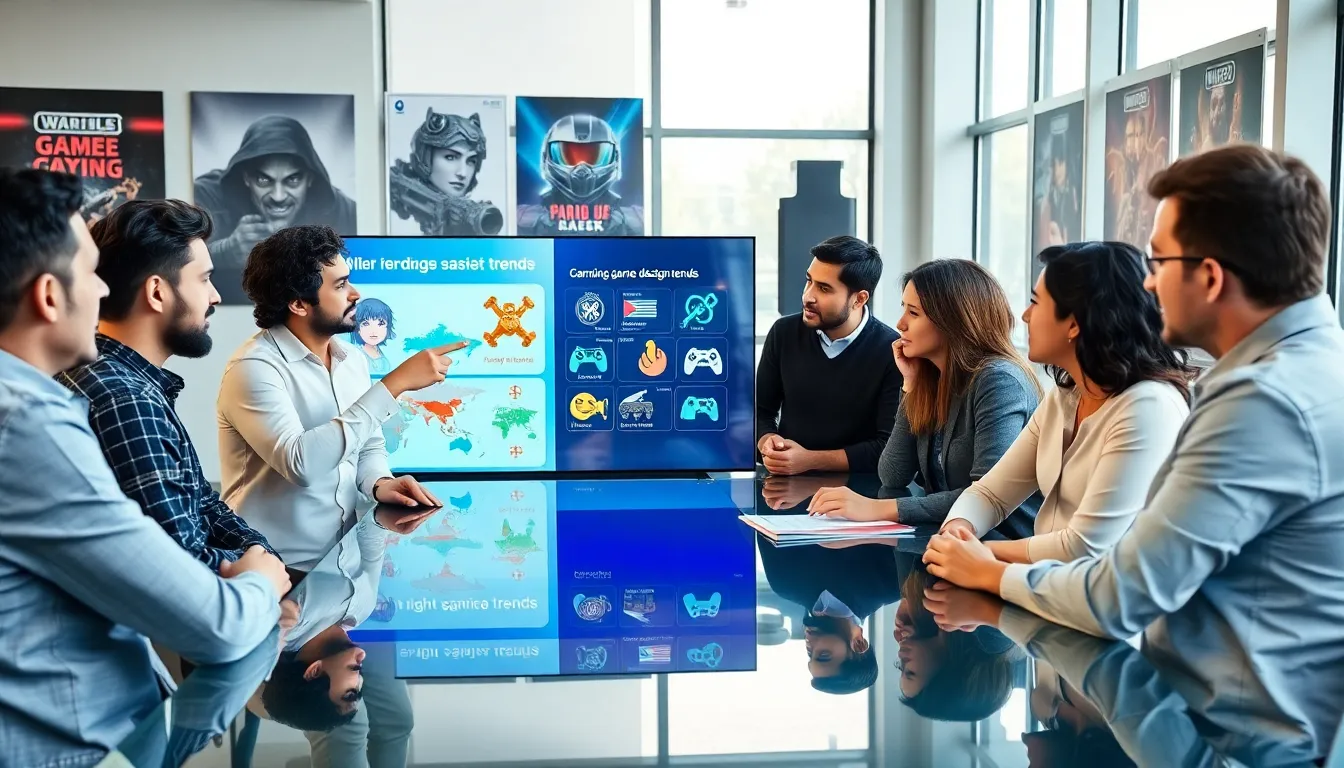 diverse game developers collaborating in a modern office setting.