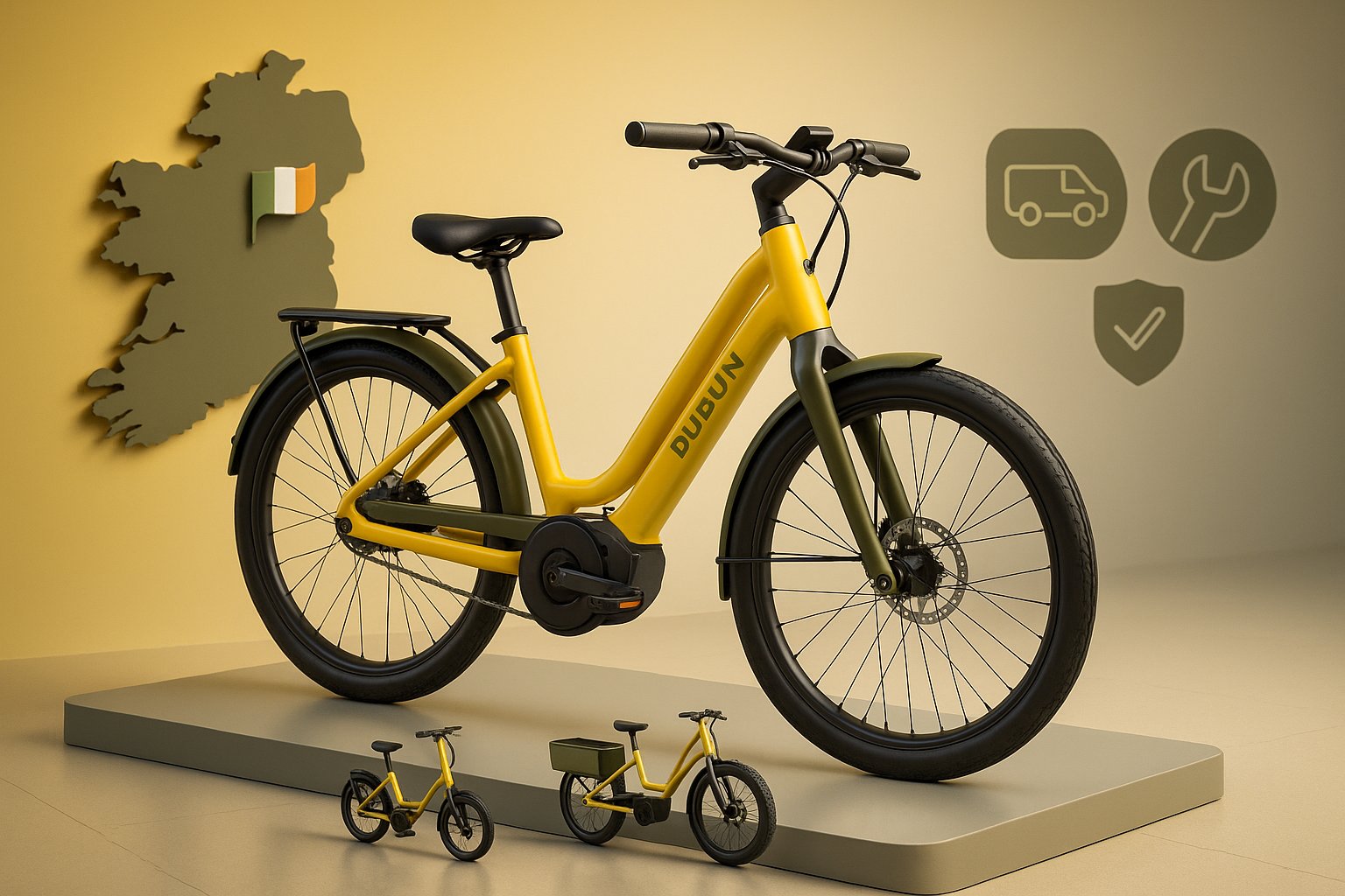 3D render of a yellow Dublin electric commuter bike in a showroom setting.