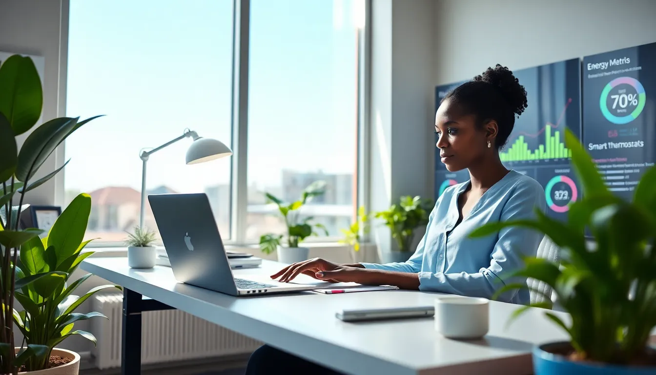 A young woman working in a bright office focusing on energy efficiency.
