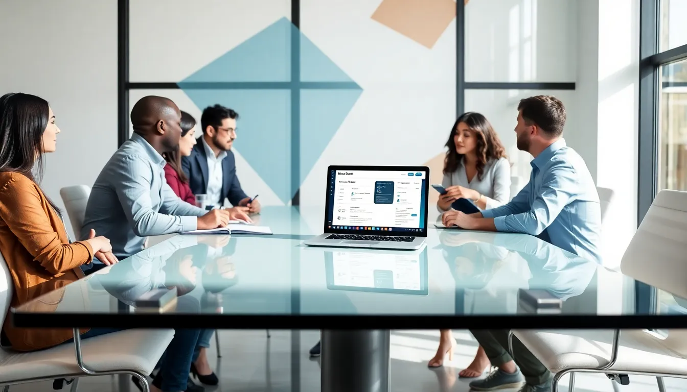 diverse professionals collaborating on the Boffiiee15 product in a modern office.