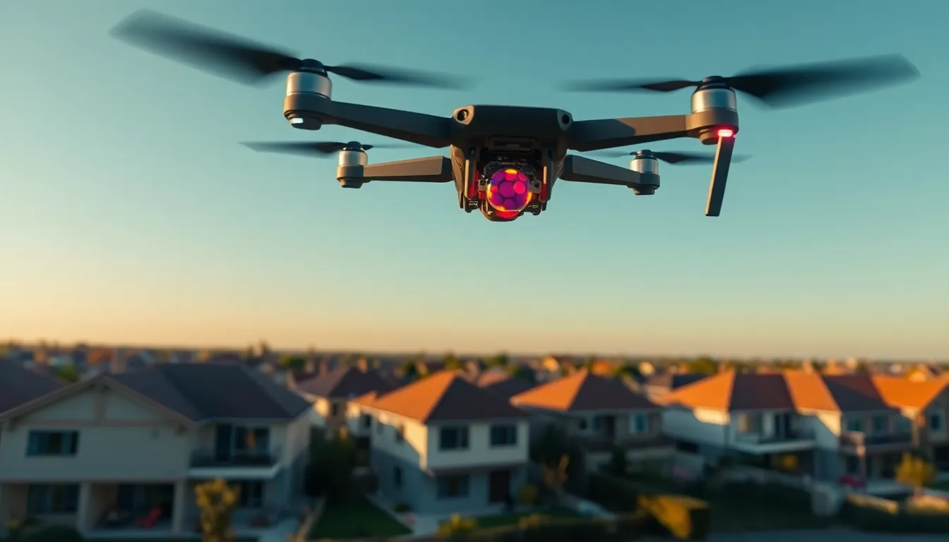 thermal drone featuring a Raspberry Pi Zero flying above a suburban landscape.