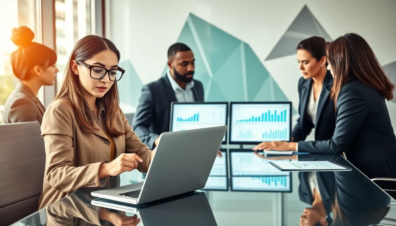 diverse team collaborating on data analysis in a modern office.