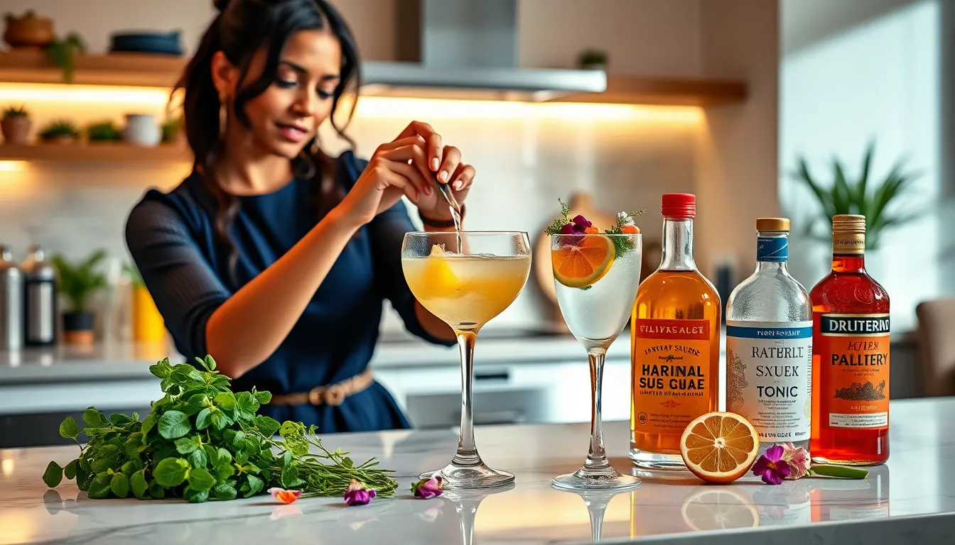 A bartender preparing unique cocktails in a stylish kitchen setting.