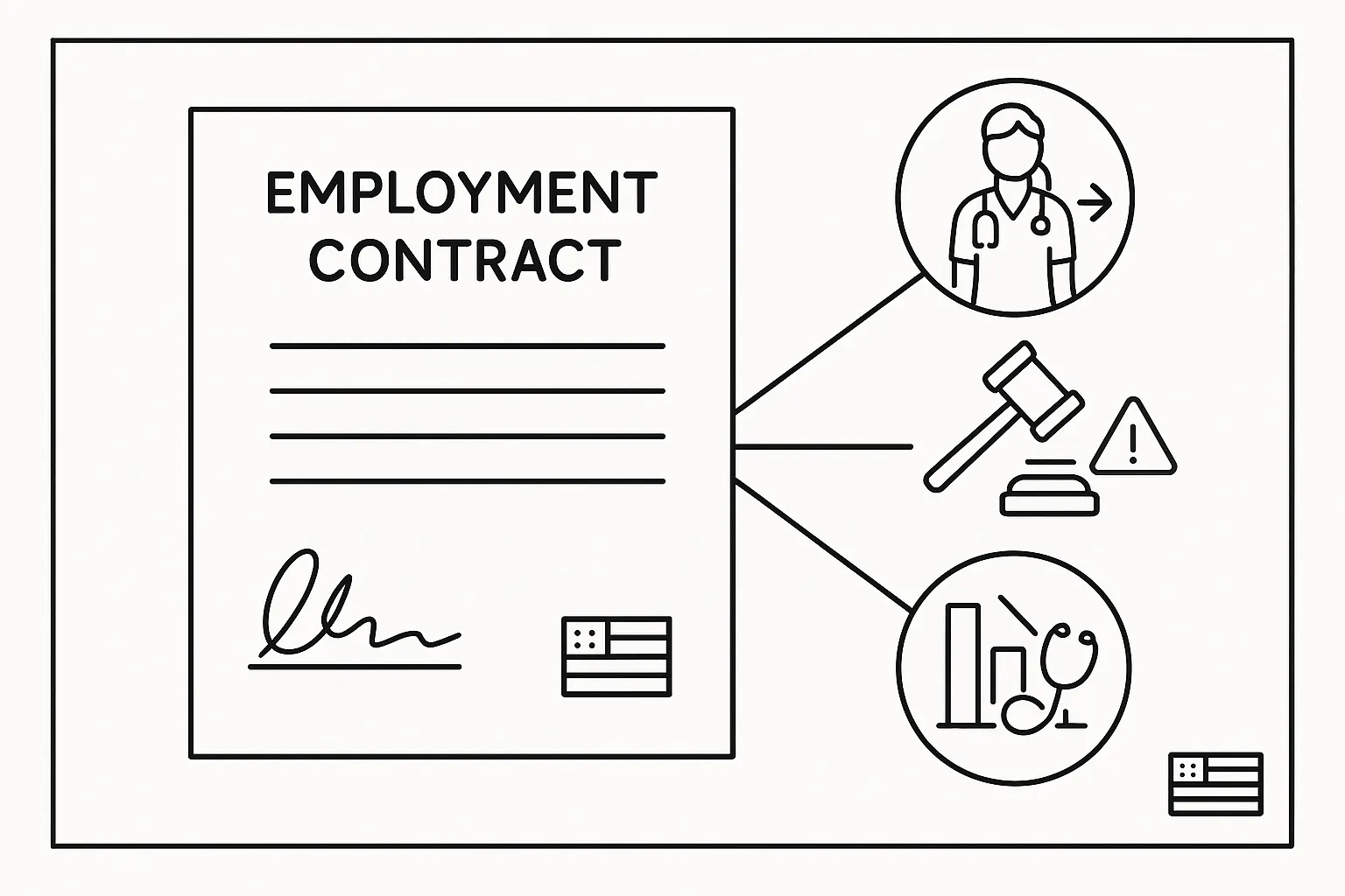 Outlined contract linked to icons for resignation, misconduct, and low productivity.