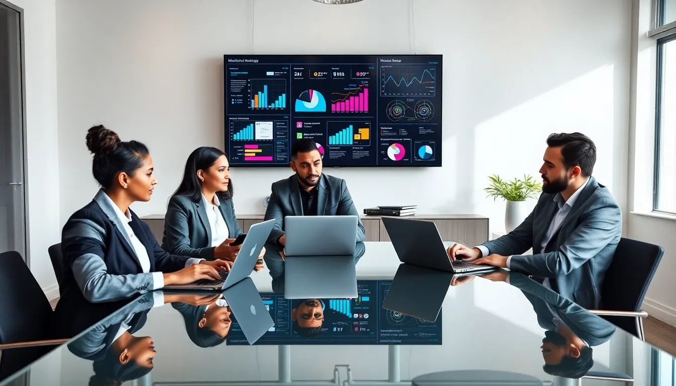 diverse team discussing martech consulting in a modern office.