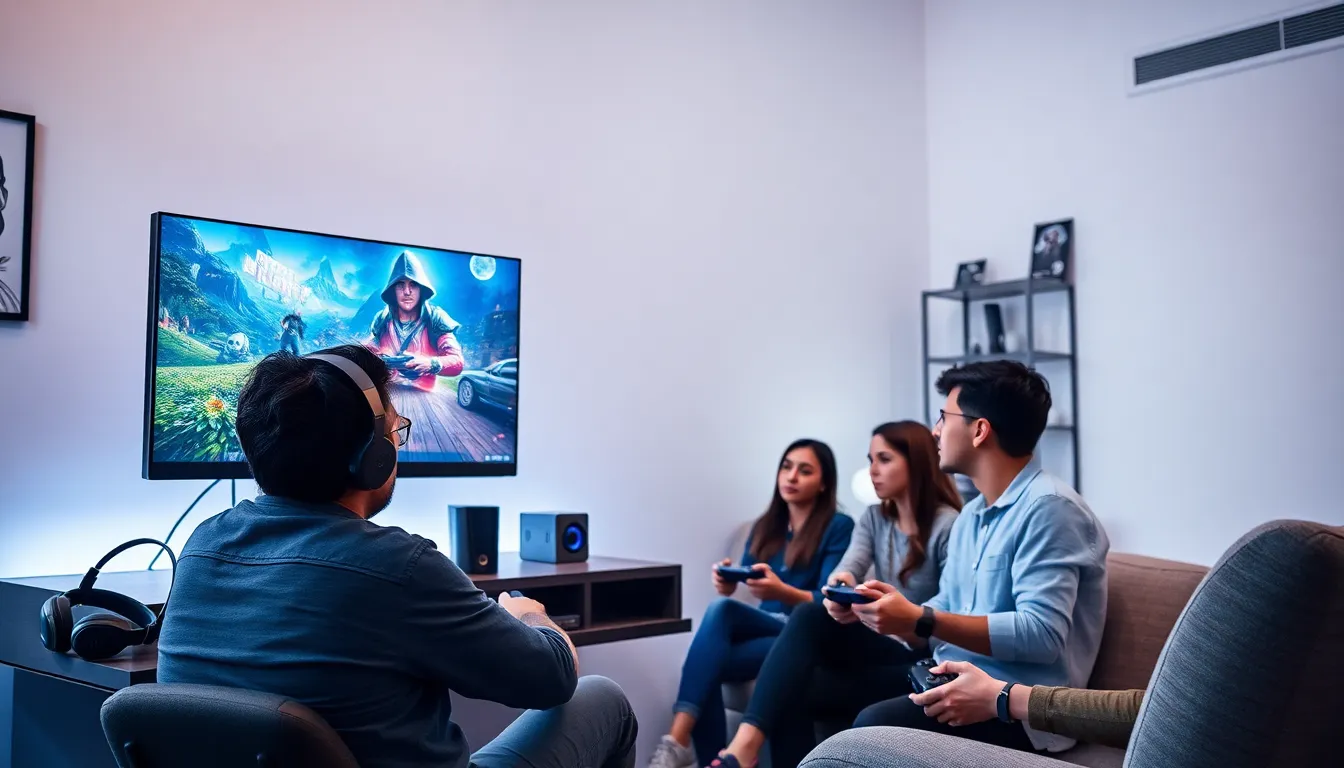 diverse group enjoying console PC gaming in a modern setup.