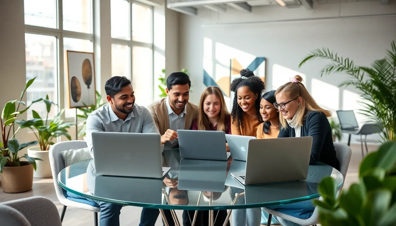 diverse group collaborating in a modern workspace.
