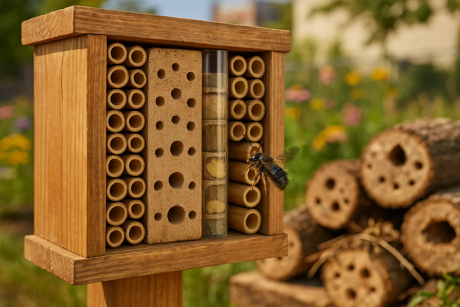 female mason bee entering a cedar bee hotel with a nearby natural log pile