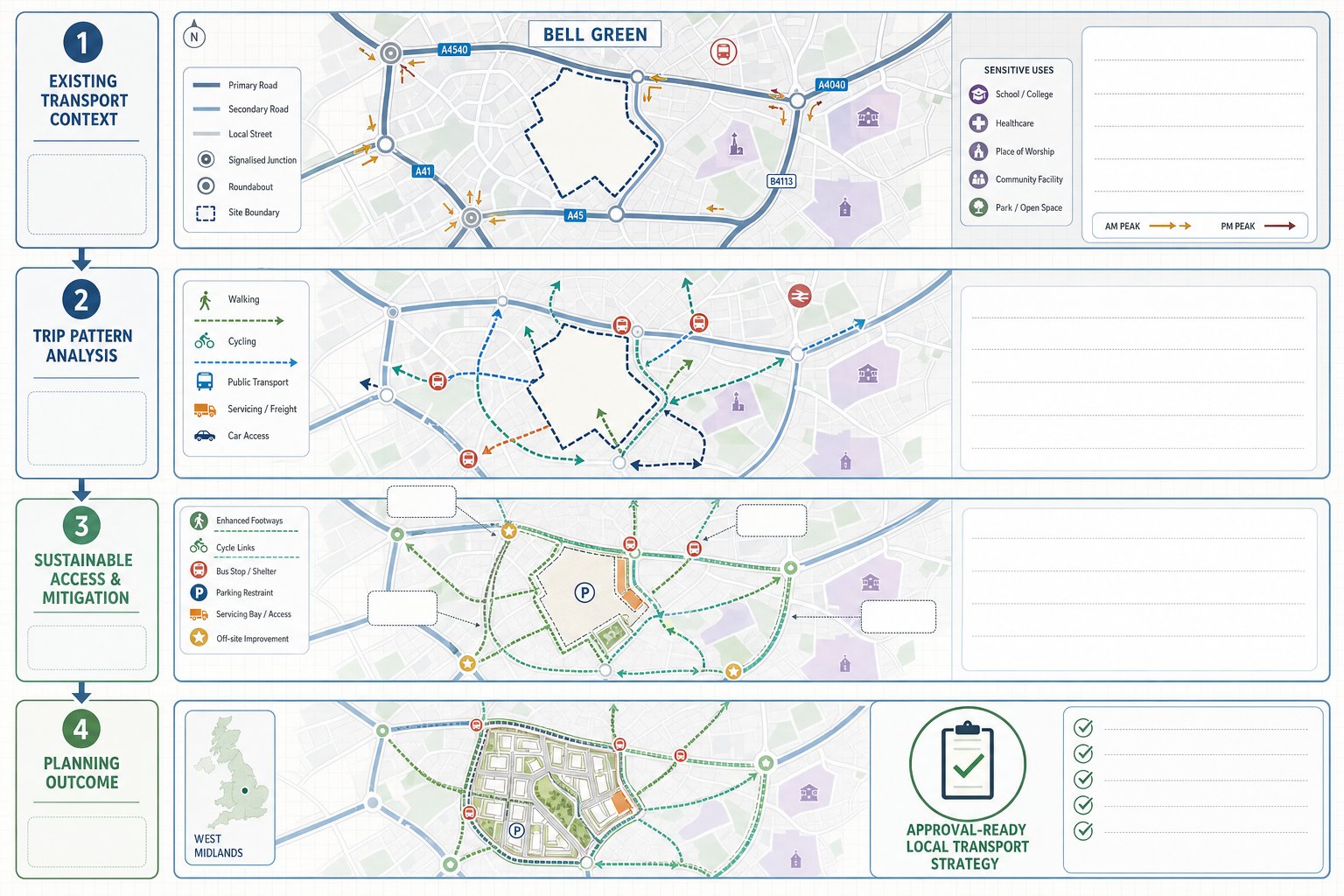 Infographic of a Bell Green transport strategy from site analysis to planning approval.