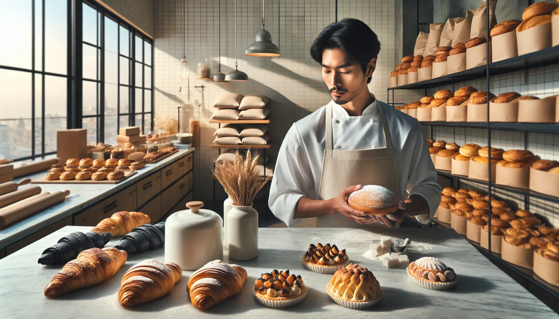 modern pastry kitchen with freshly baked pastries and a focused baker.